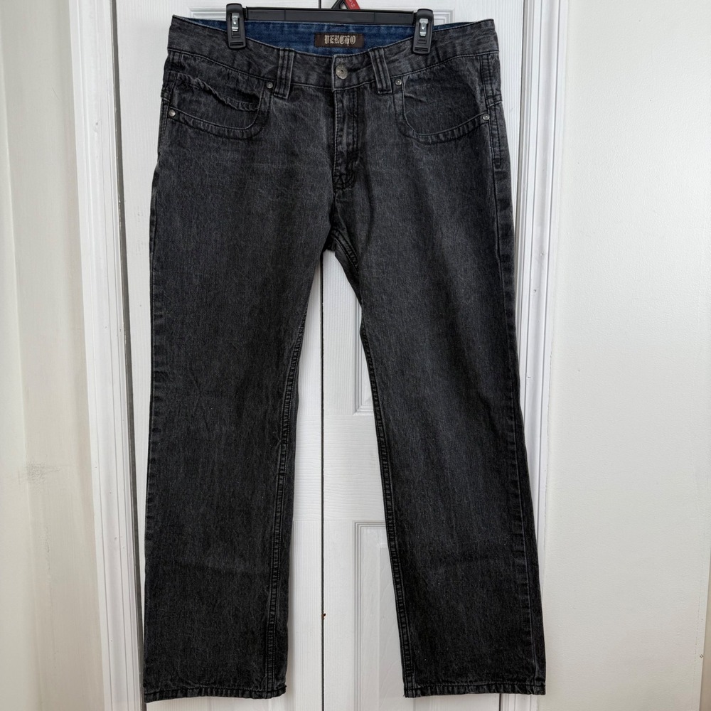 Y2K Mens Straight Leg Embroidered Back Pocket Jeans‎ Faded Black 36x30